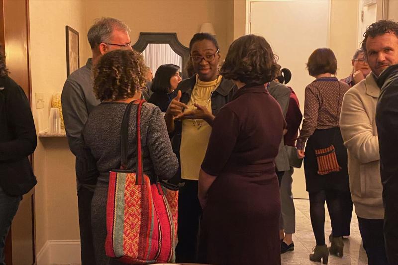 Shelome Gooden (PhD '03) talks to Keith Johnson (PhD '88, and former faculty), Katie Carmichael (PhD '14) and Nicole Holliday (BA '10) 