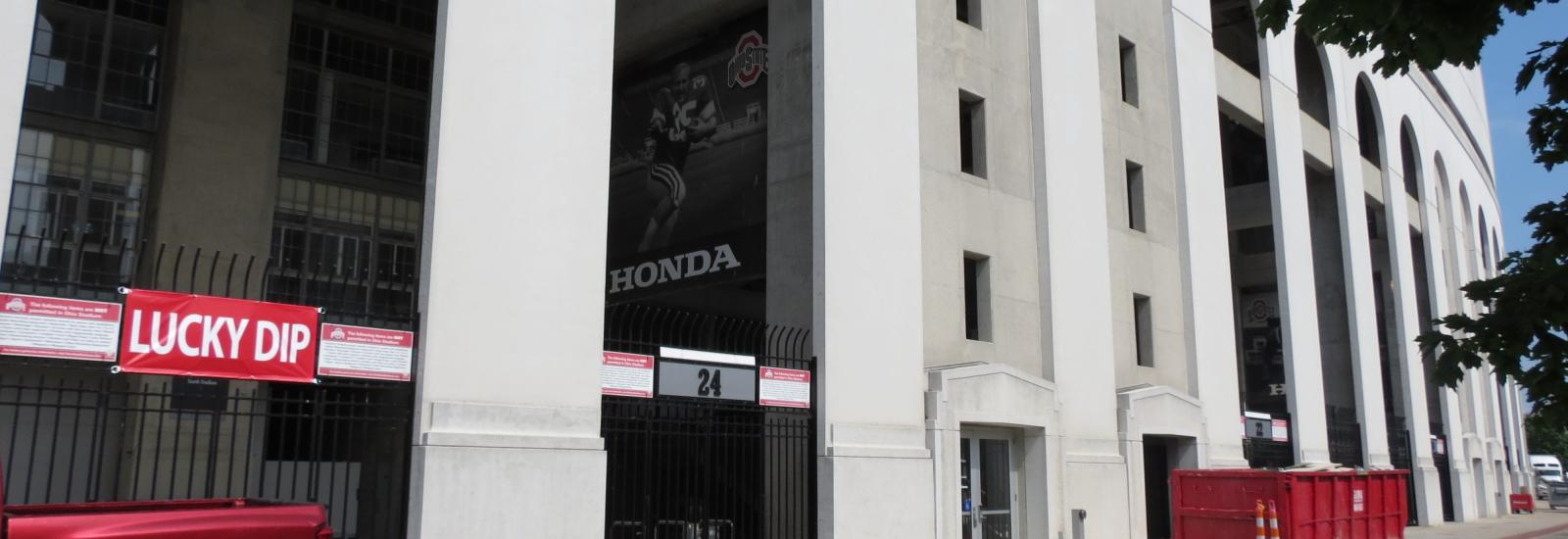 Our new entrance (note the red dumpster from the renovation work to make the space ready)